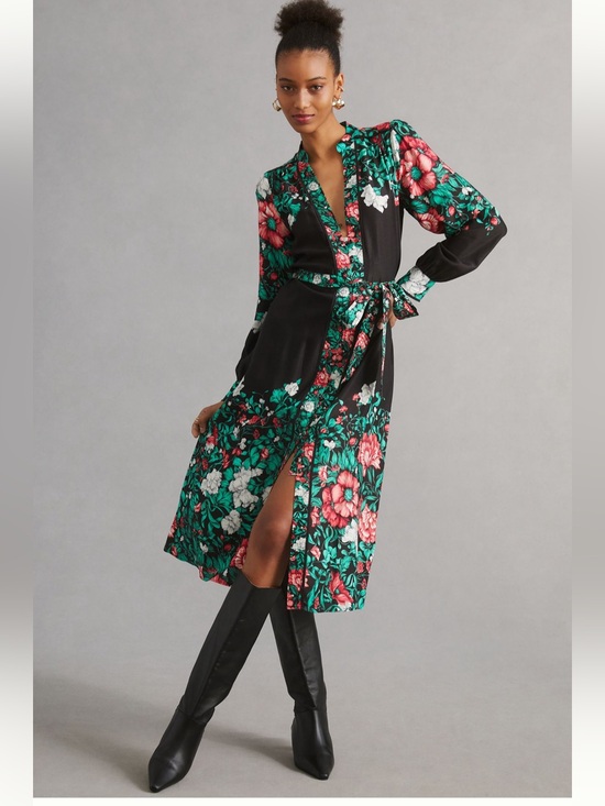 Anthropologie Dresses & Skirts - Anthropologie Floral Belted Shirtdress Black Midi